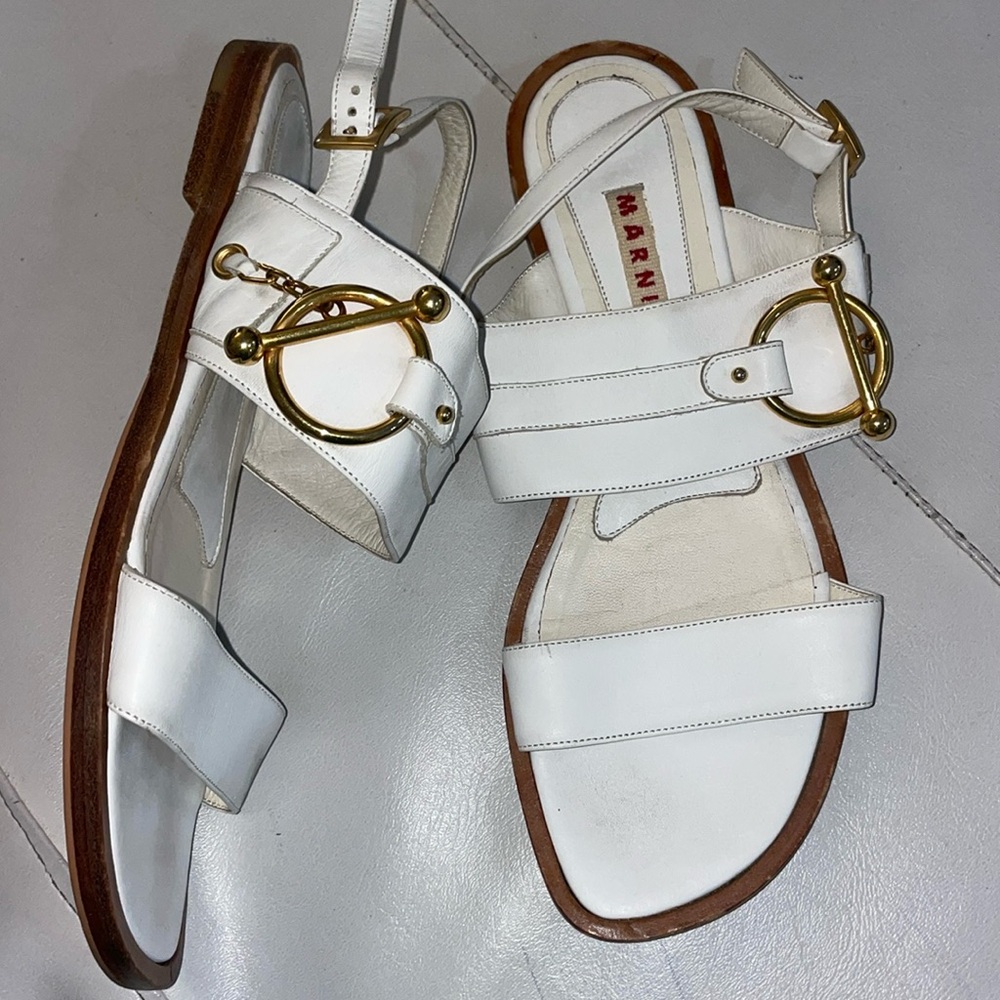Marni white leather flats sandals gold buckle 37.5